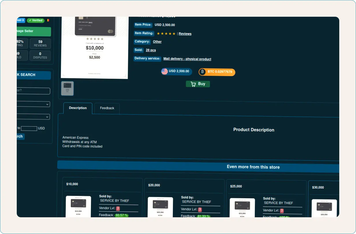 Darknet marketplace interface showing cloned card service pricing