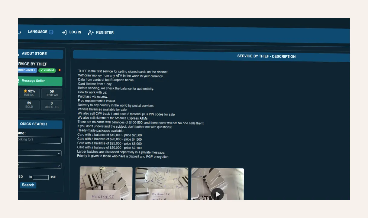 Interface of darknet website advertising cloned card services
