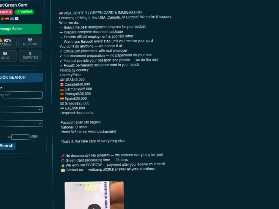 Website interface advertising visa and green card services